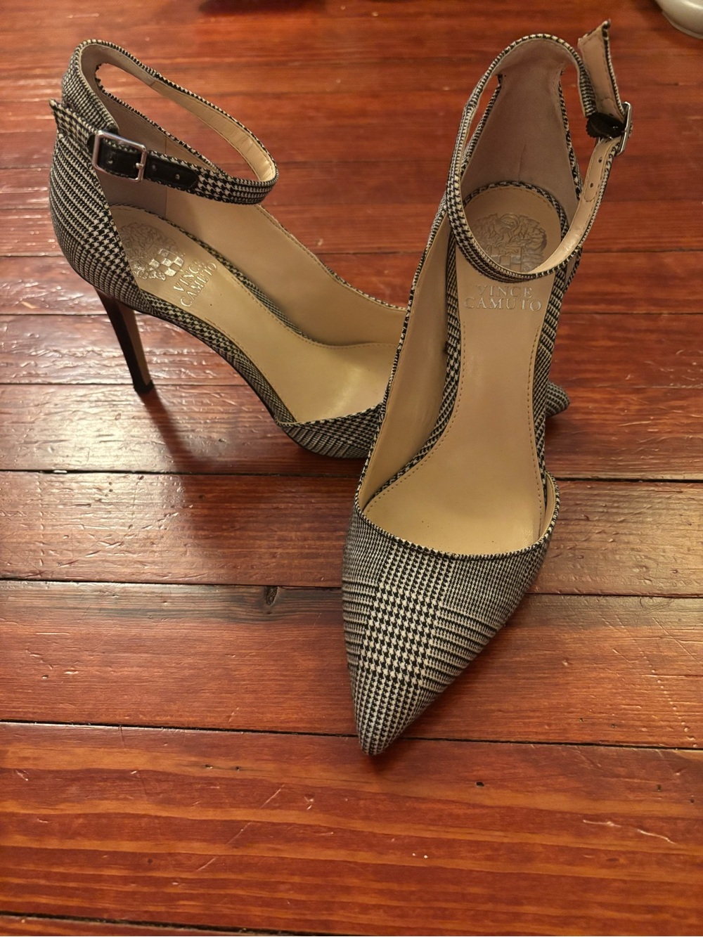 Vince Camuto Black and White Houndstooth Pointed Toe Ankle Strap Pumps